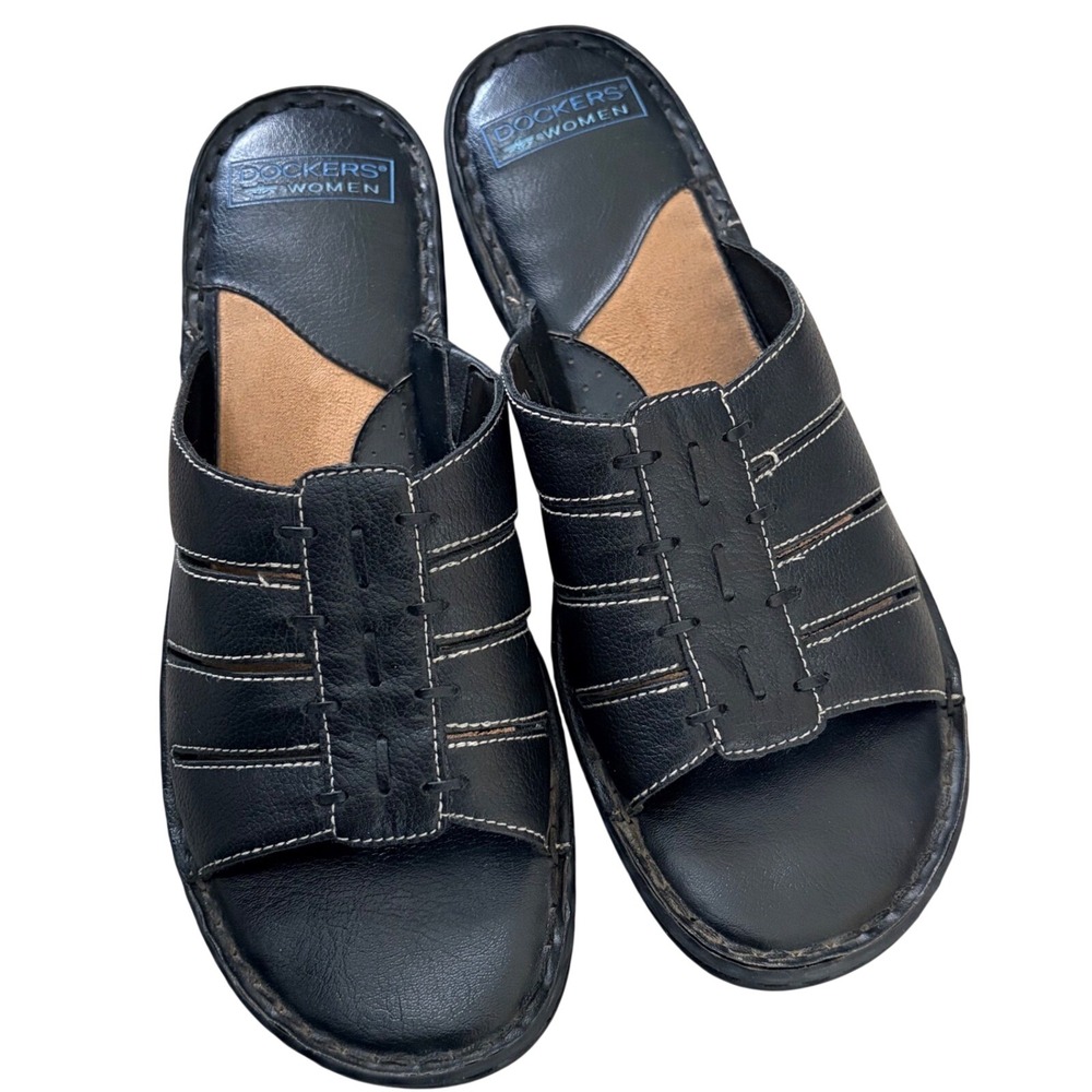 Dockers Black Leather Slide Sandals Contrast Stitch Wedge 9.5M Comfort Casual